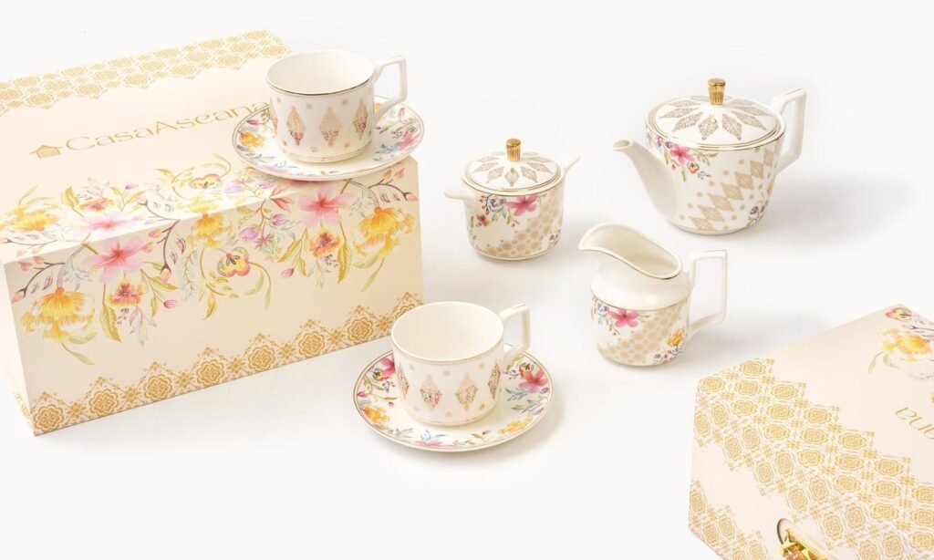 Casa Aseana fine porcelain teapot set and teacups and saucers with Casa Aseana gift boxes