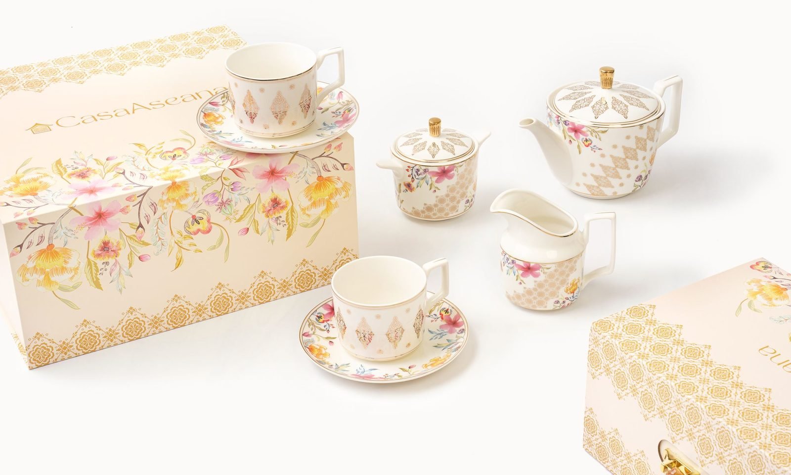Casa Aseana fine porcelain teapot set and teacups and saucers with Casa Aseana gift boxes