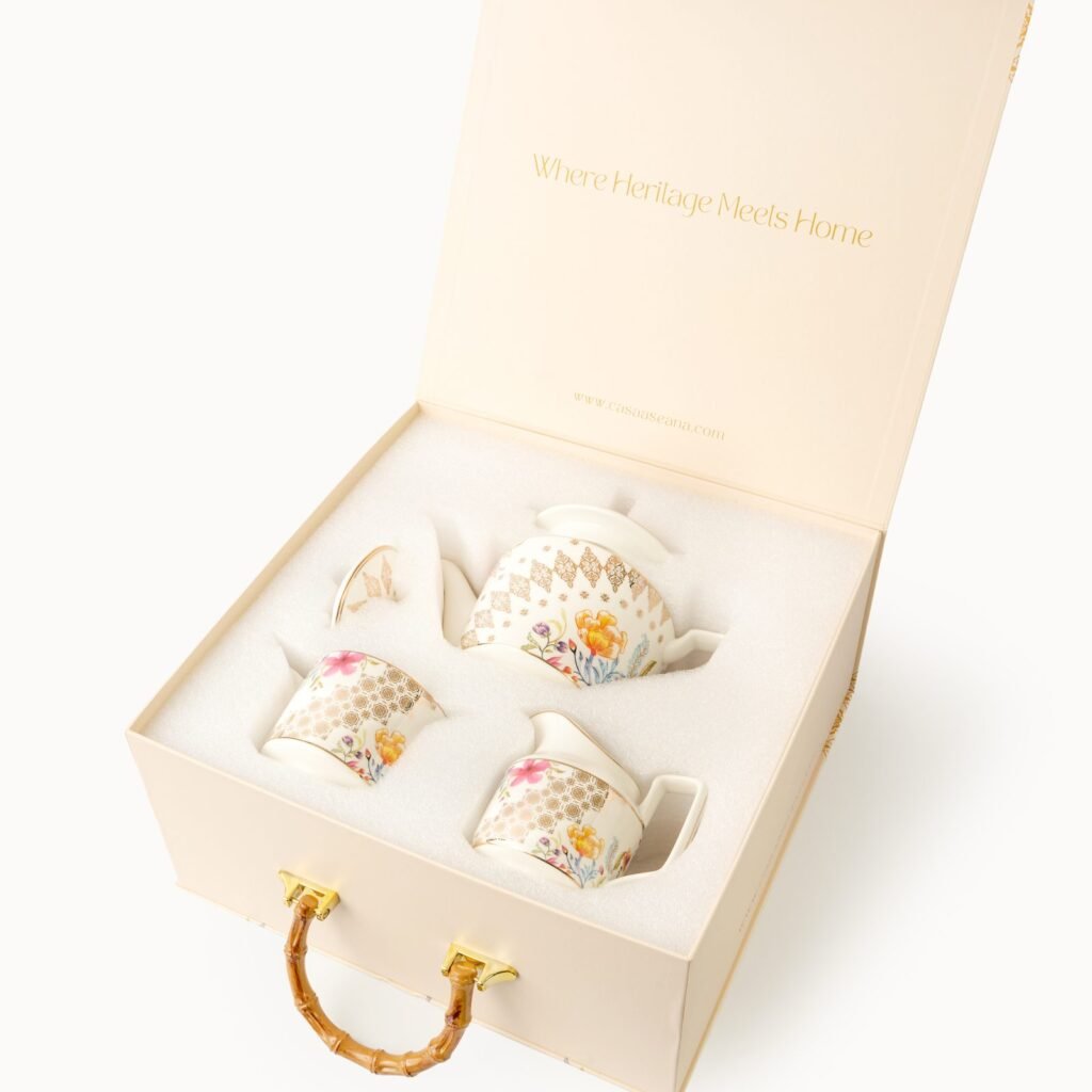 Inside a Casa Aseana gift box, a porcelain piece resting in its fitted, padded place