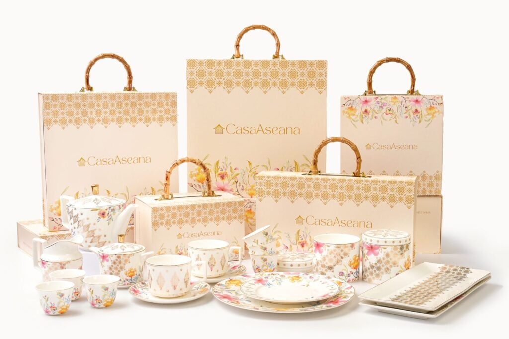 Casa Aseana gift boxes with bamboo handles and the Royal Songket Collection in fine porcelain