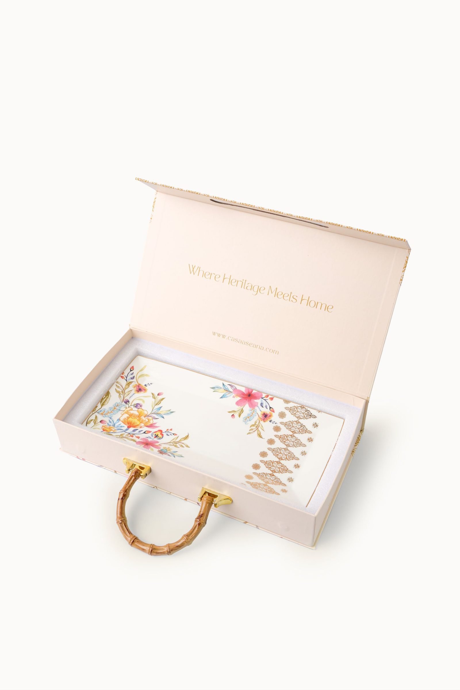 Casa Aseana Serving Plate, Bunga Raya, in its opened gift box