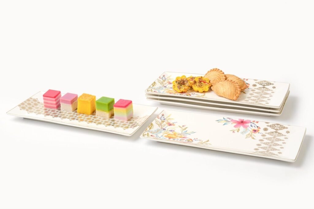 Casa Aseana Serving Plates, Songket and Bunga Raya, set with kuih and karipap