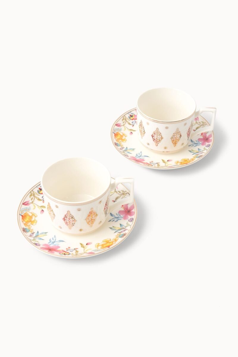 Casa Aseana Teacup & Saucer Set, a pair in fine porcelain with gold detailing
